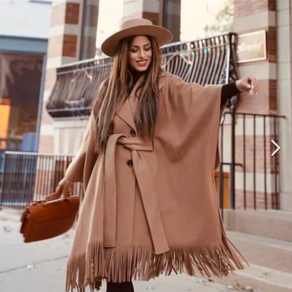 Express Fringe Belted Cape Poncho Coat Butterscotch Camel Size M/L - Picture 3 of 12